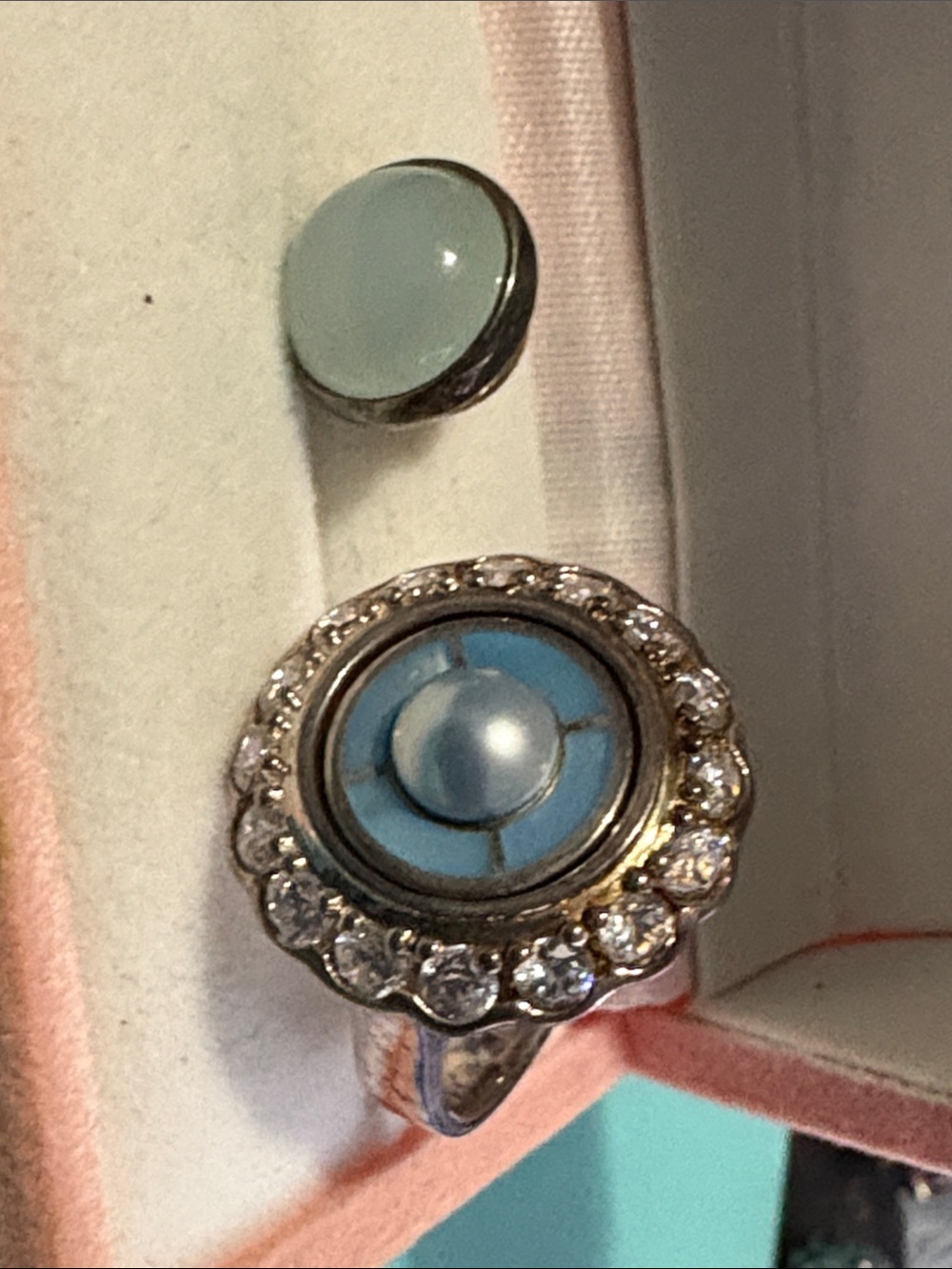 Blue Round Halo Ring with Pearl Accent - Women Sterling Silver KAMELEON Sz 7 43A